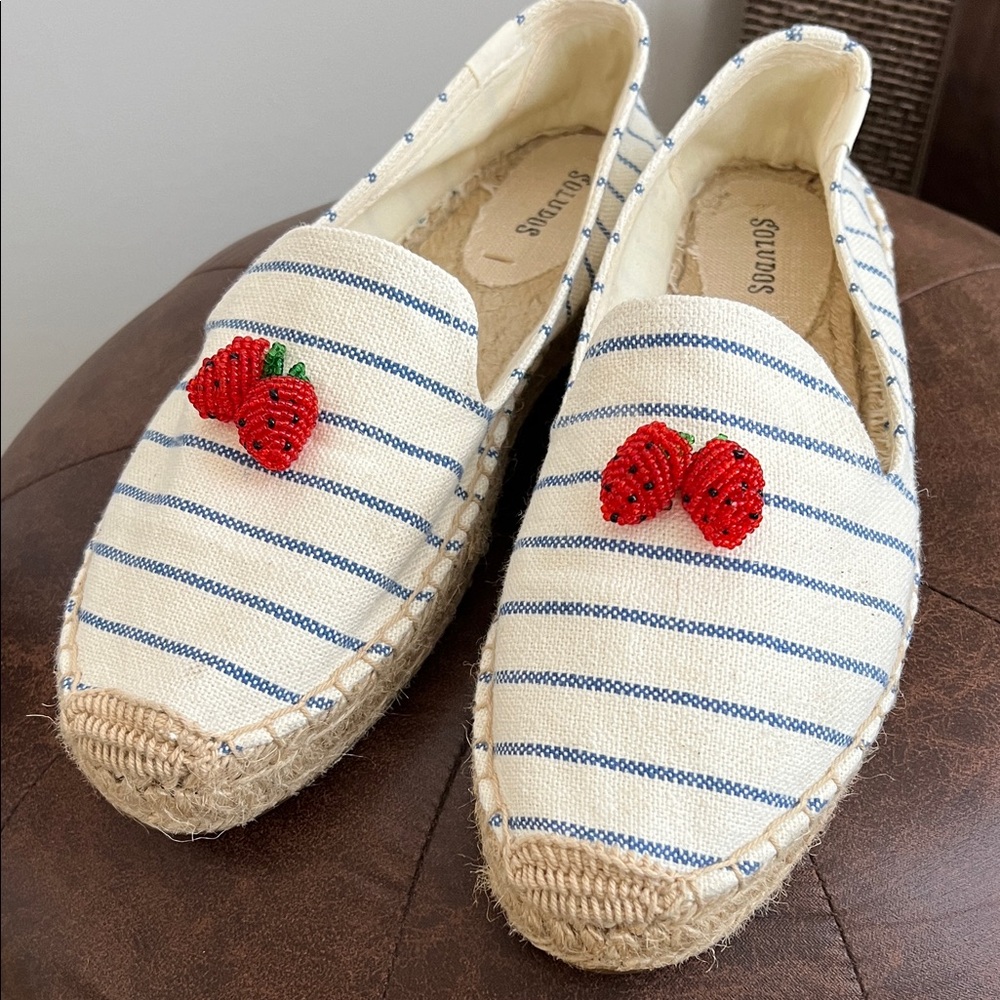 Soludos Blue Striped Espadrilles with Beaded Red Accents